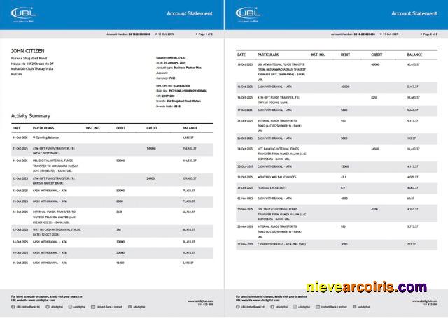 Pakistan United Bank Limited account statement Word and PDF, 2 pages